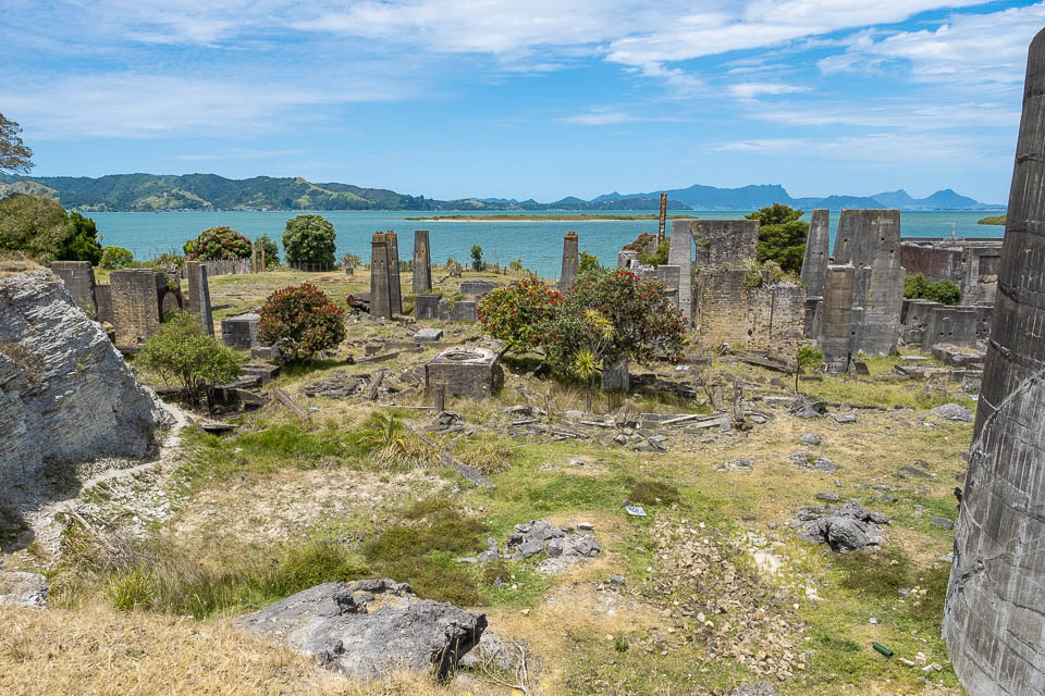 A view over the former Portland Cement Company site and the south-eastern bay at Matakohe / Limestone Island. 